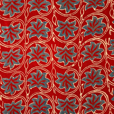 Pure Cotton Doby Dabu Red  With Blue Flower And  Cream Jaal Hand Block Print Fabric