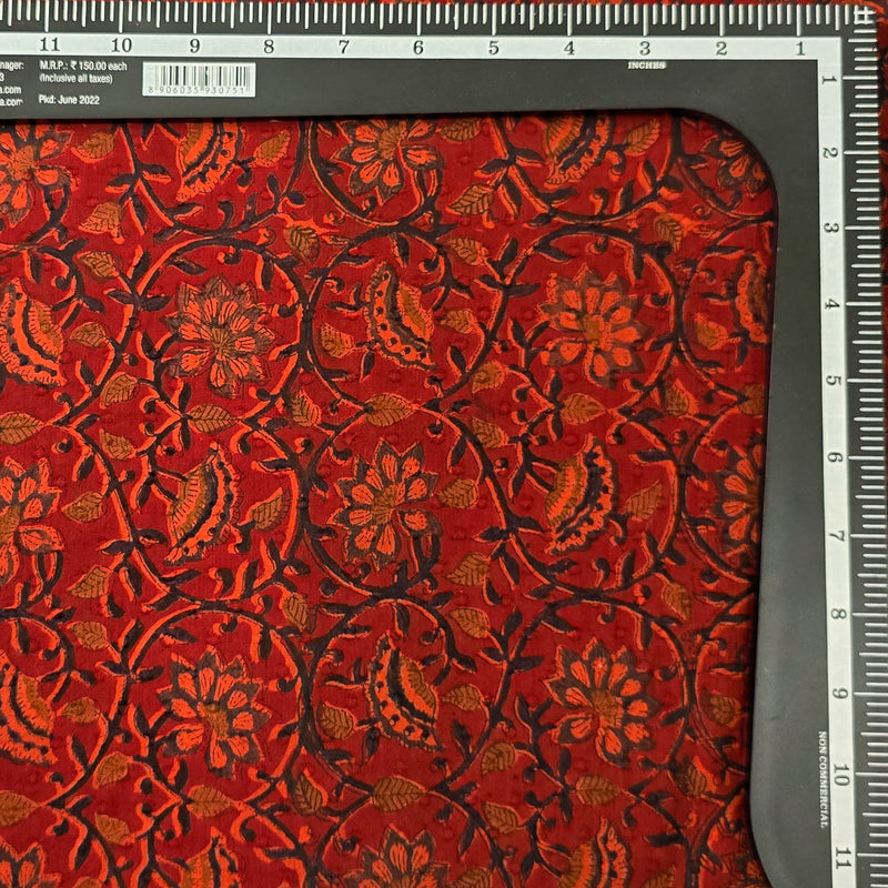 Pure Cotton Doby Dabu  Red With Orange Black Small Flowers Jaal Hand Block Print Fabric