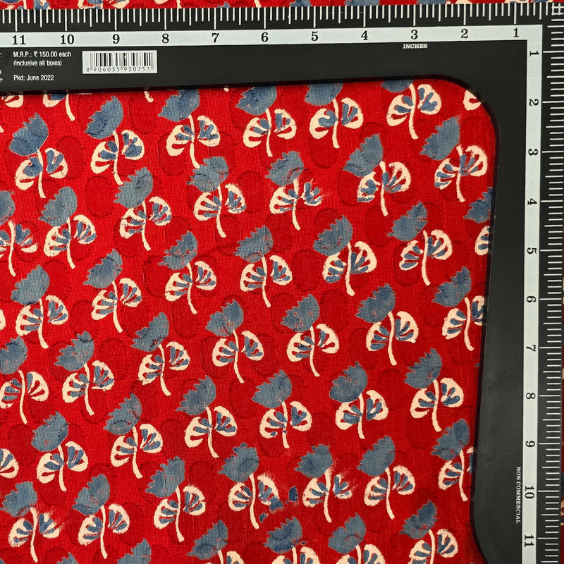 Pure Cotton Doby Dabu Red With Blue Shy Flower Hand Block Print Fabric