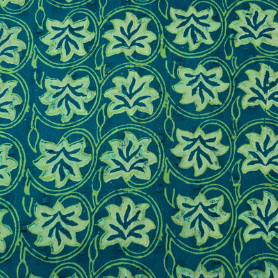 Pure Cotton Doby Dabu Teal Blue With Light Blue And White Flower Jaal Hand Block Print Fabric