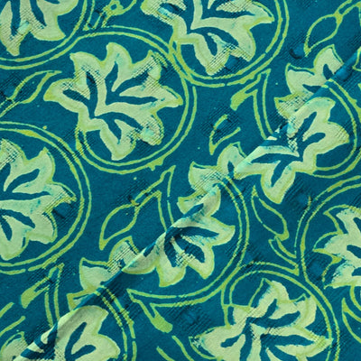 Pure Cotton Doby Dabu Teal Blue With Light Blue And White Flower Jaal Hand Block Print Fabric