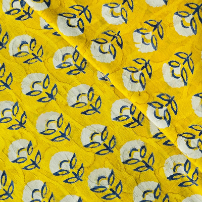 Pure Cotton Doby Dabu Yellow With White And Blue Cherry Blossoms  FlowersHand Block Print Fabric