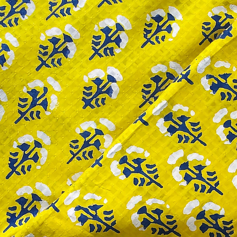 Pure Cotton Doby Dabu Yellow With White  And  Blue Flower Motifs Hand Block Print Fabric