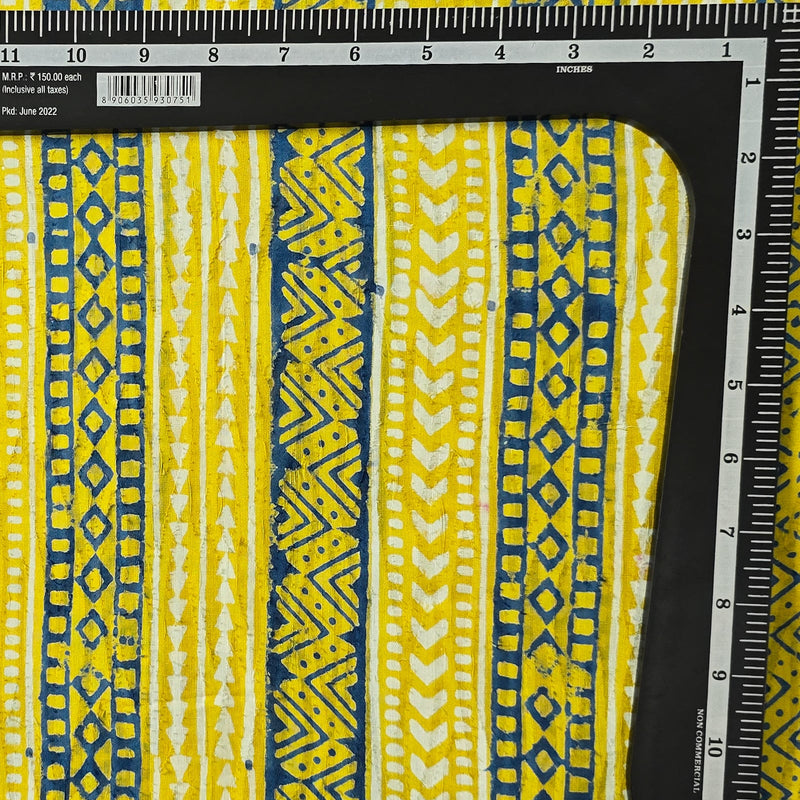 Pure Cotton Doby Dabu Yellow With White  And Blue Intricate Stripes Design Hand Block Print Fabric