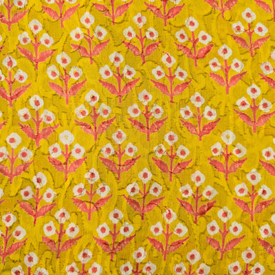 Pure Cotton Doby Dabu Yellow With Pink And White Flowers Motif Hand Block Print Fabric