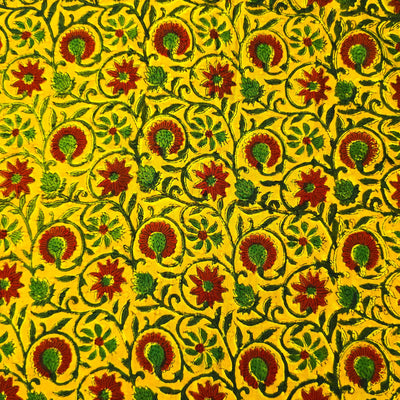Pure Cotton Doby Dabu Yellow With Red Flower And Green Jaal Hand Block Print Fabric