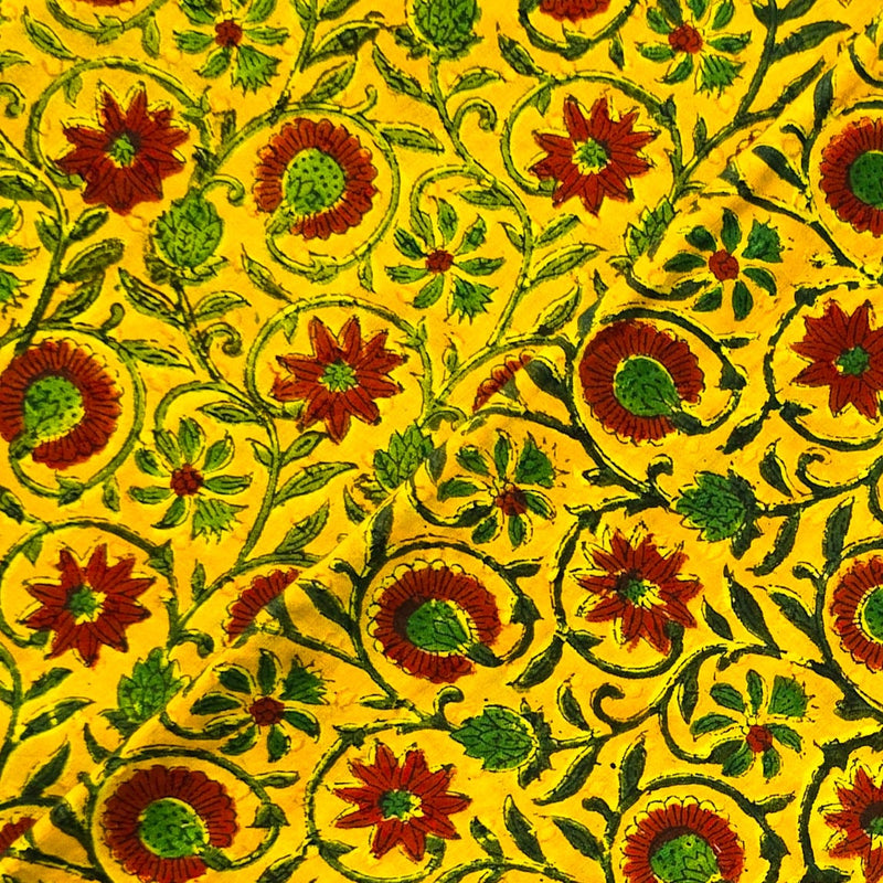 Pure Cotton Doby Dabu Yellow With Red Flower And Green Jaal Hand Block Print Fabric