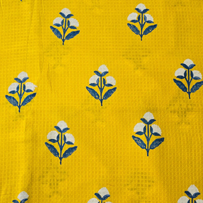 Pure Cotton Doby Dabu Yellow With White And Blue Big Flower Motifs  Hand Block Print Fabric