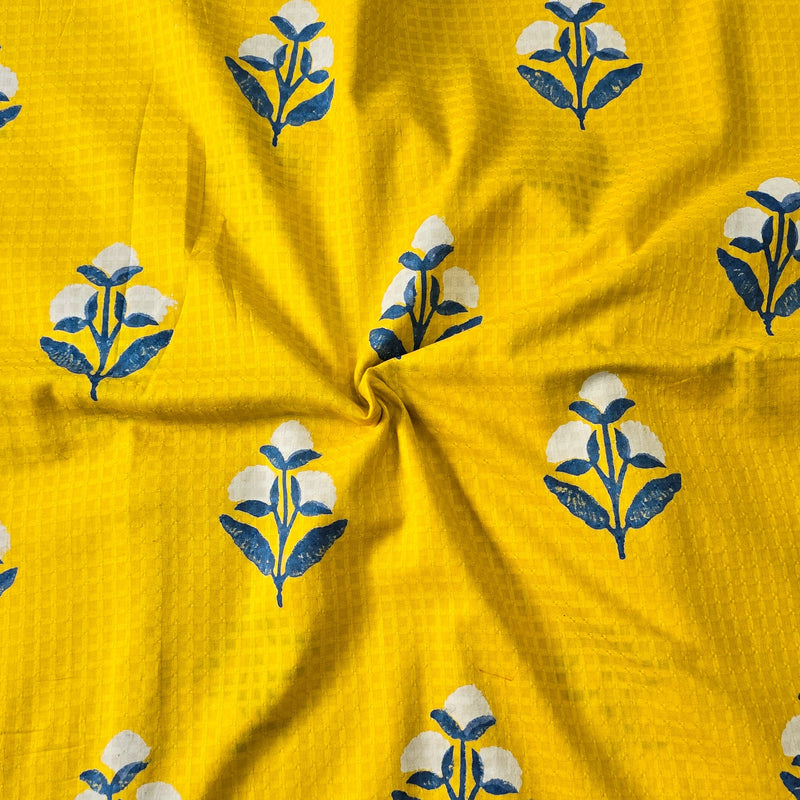 Pure Cotton Doby Dabu Yellow With White And Blue Big Flower Motifs  Hand Block Print Fabric