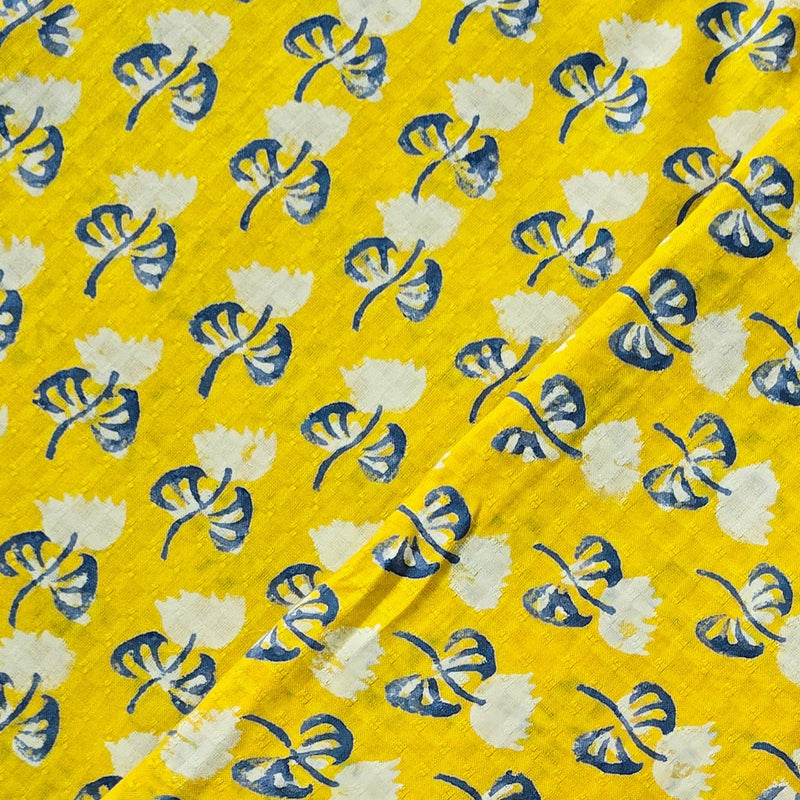 Pure Cotton Doby Dabu Yellow With White And Blue Shy Flowers Hand Block Print Fabric