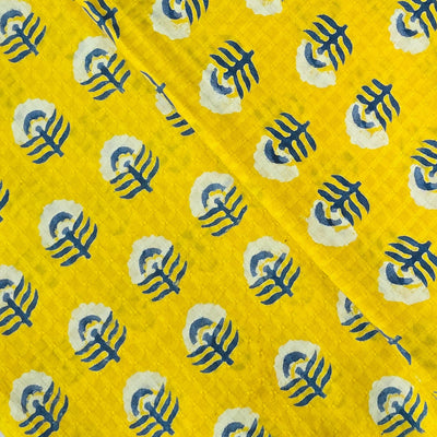 Pure Cotton Doby Dabu Yellow With White Flowers And Blue Leaves Hand Block Print Fabric