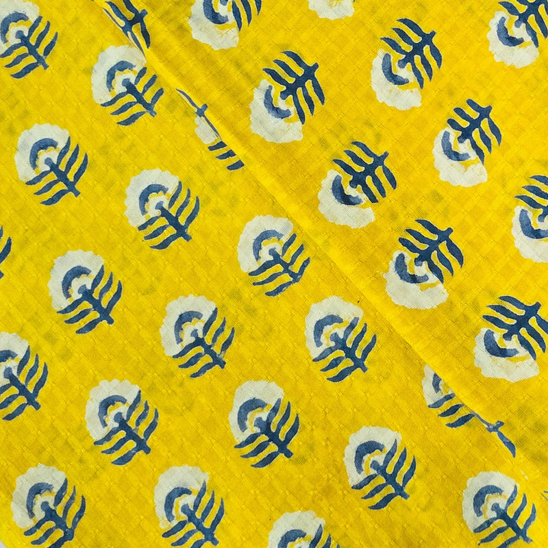 Pure Cotton Doby Dabu Yellow With White Flowers And Blue Leaves Hand Block Print Fabric