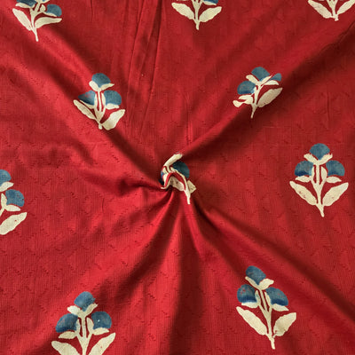 Pure Cotton Doby Dabu Red With Blue Big Flower Motif Hand Block Print Fabric