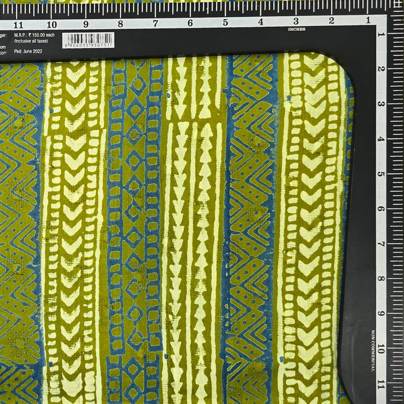 Pure Cotton Doby dabu Light Green With Cream Blue Intricate Stripes Design Hand Block Print Fabric