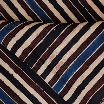 ( Pre-Cut 2.35 Meter ) Pure Cotton Double Ajrak Big Blue Rust Black Cream Stripes Hand Block Print Fabric