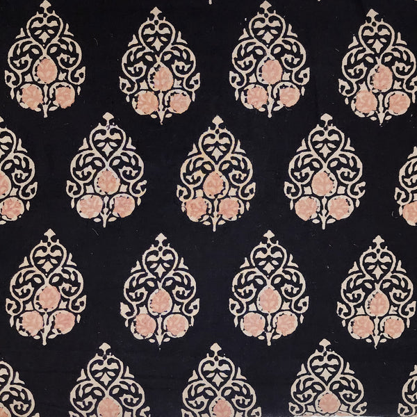 ( Pre-Cut 1.35 Meter ) Pure Cotton Double Ajrak Black With Cream And Peach Leafs Motif Hand Block Print Fabric