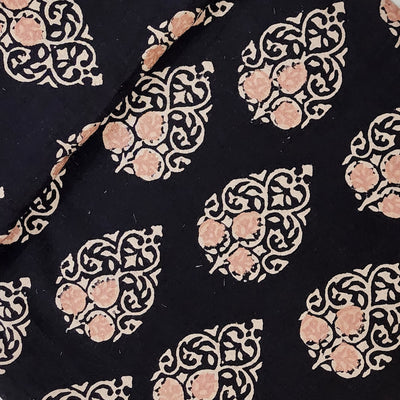 ( Pre-Cut 1.35 Meter ) Pure Cotton Double Ajrak Black With Cream And Peach Leafs Motif Hand Block Print Fabric