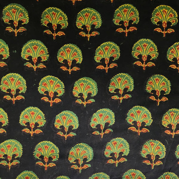 Pure Cotton Double Ajrak Black With Green And Rust Flower Bud Hand Block Print Fabric