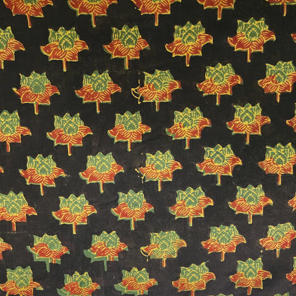 Pure Cotton Double Ajrak Black With Green And Rust Flower Hand Block Print Fabric