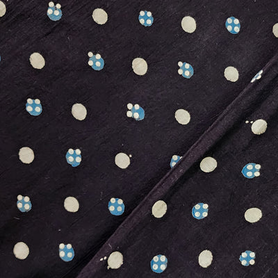Pure Cotton Double Ajrak Black With Polka Dots With Blue And Cream Hand Block Print Fabric