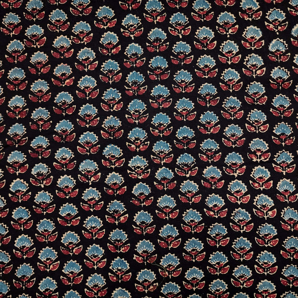 (Pre-Cut 0.85 Meter) Pure Cotton Double Ajrak Black With Single Flower Motif Hand Block Print Fabric