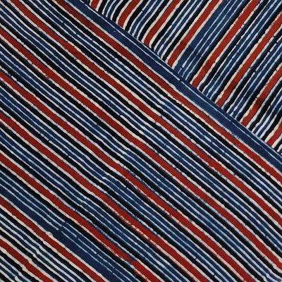 ( Pre-Cut 1 Meter ) Pure Cotton Double Ajrak Blue Black Blue Stripes Hand Block Print Fabric