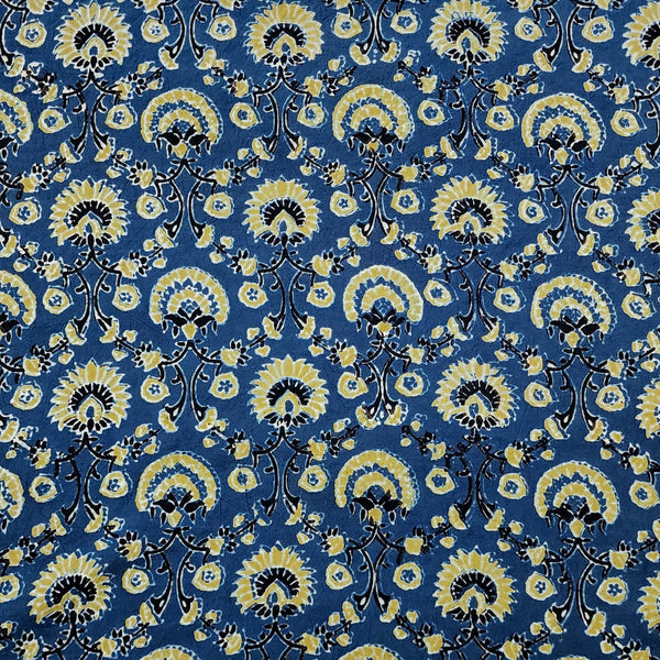 ( Pre-Cut 1.50 Meter ) Pure Cotton Double Ajrak Blue With Green Flower Jaal Hand Block Print Fabric