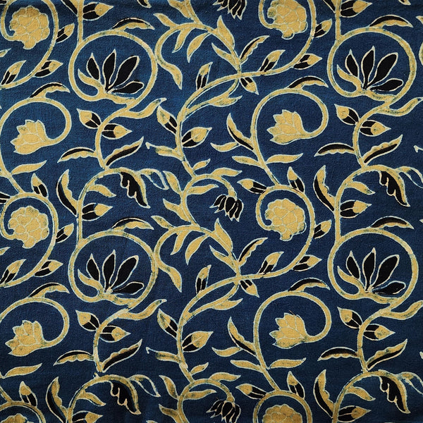 Pure Cotton Double Ajrak Blue With Green Flower Jaal Hand Block Print Fabric