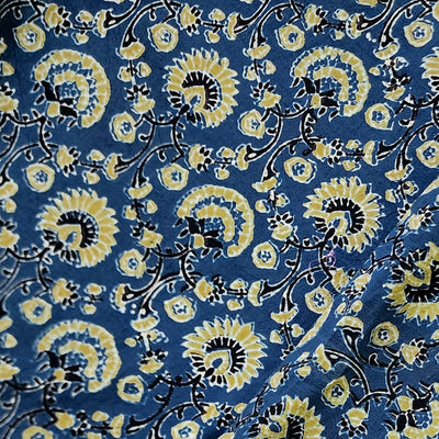 Pure Cotton Double Ajrak Blue With Green Flower Jaal Hand Block Print Fabric
