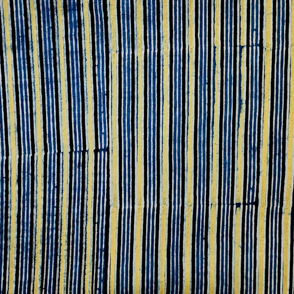 Pure Cotton Double Ajrak Blue With Light Yellow Stripes Hand Block Print Fabric