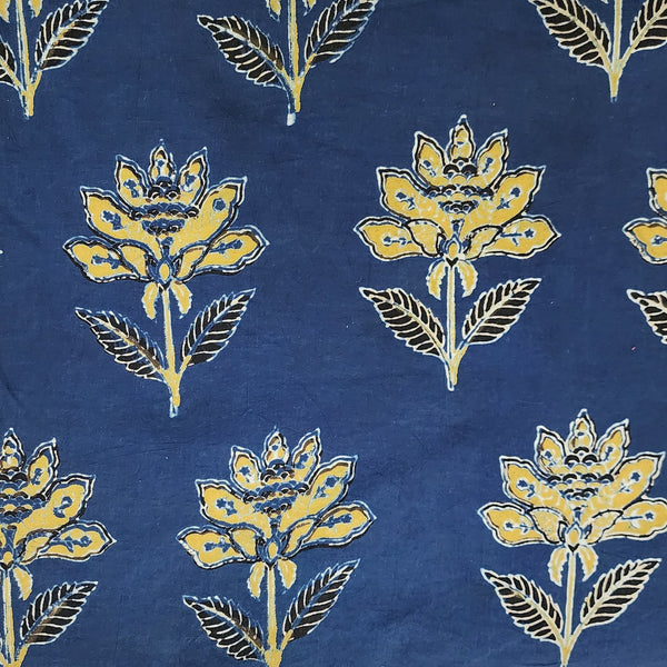 Pure Cotton Double Ajrak Blue With Mustard Big Motif Hand Block Print Fabric