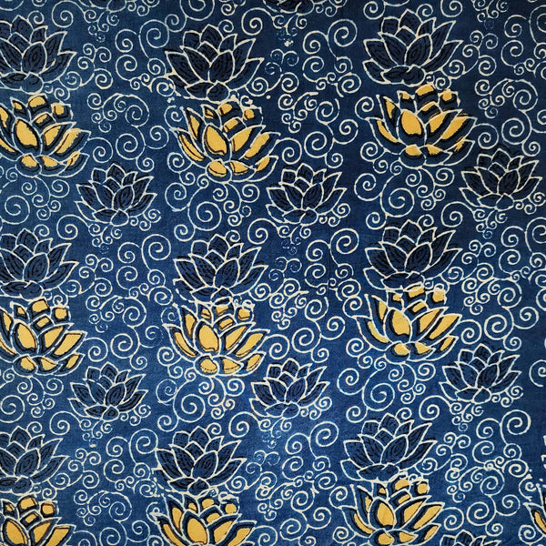 Pure Cotton Double Ajrak Blue With Mustard Lotus Hand Block Print Fabric