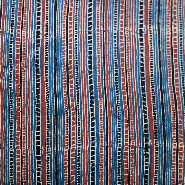 Pure Cotton Double Ajrak Blue With Small Checks And Stripes Hand Block Print Fabric