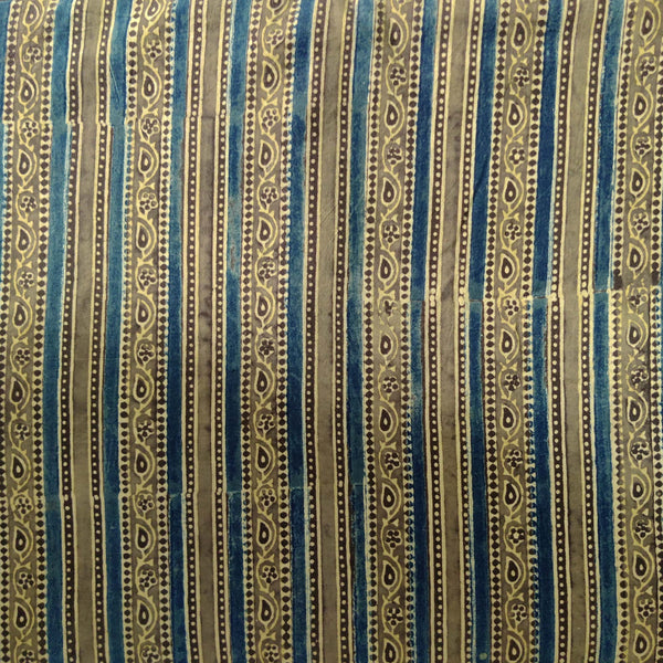 Pre- cut 1 meter Pure Cotton Double Ajrak Brown Blue Kairi Creeper Border Hand Block Print Fabric