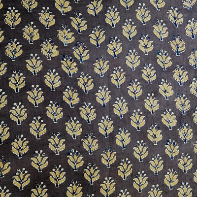 Pure Cotton Double Ajrak  Brown Mustard Flower Motif Hand Block Print Fabric