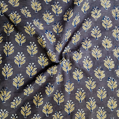 Pure Cotton Double Ajrak  Brown Mustard Flower Motif Hand Block Print Fabric