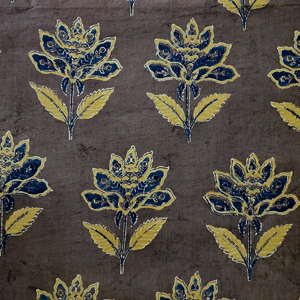 Pure Cotton Double Ajrak Brown With Big Wild Flower Motifs Hand Block Print Fabric