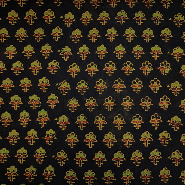 ( Pre-Cut 1.50 Meter ) Pure Cotton Double Ajrak Brown With Green Rust Tiny Flowers Hand Block Print Fabric