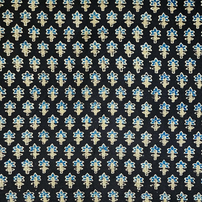 Pure Cotton Double Ajrak Brown With Light Blue Tiny Plant Bud Hand Block Print Fabric