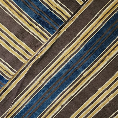 Pure Cotton Double Ajrak Brown With Mustard And Blue Stripes  Hand Block Print Fabric