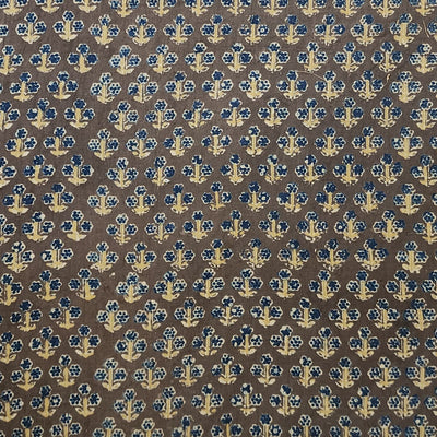 Pure Cotton Double Ajrak Brown With Small Plant  Hand Block Print Fabric