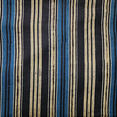 Pure Cotton Double Ajrak Cream Stripes Brown With Blue  Hand Block Print Fabric