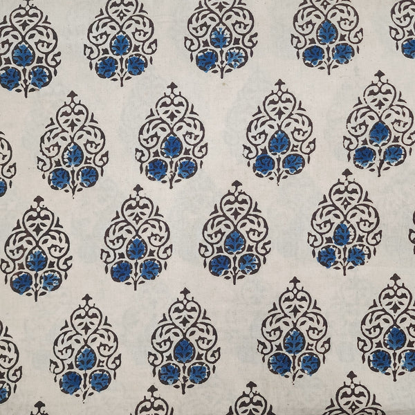 Pre-cut 1.45 meter Pure Cotton Double Ajrak Cream With Black And Blue Leafs Motifs Hand Block Print Fabric