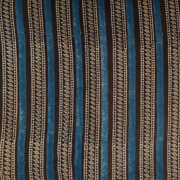 ( Pre-Cut 1.45 Meter ) Pure Cotton Double Ajrak Dark Brown And Blue Border Hand Block Print Fabric