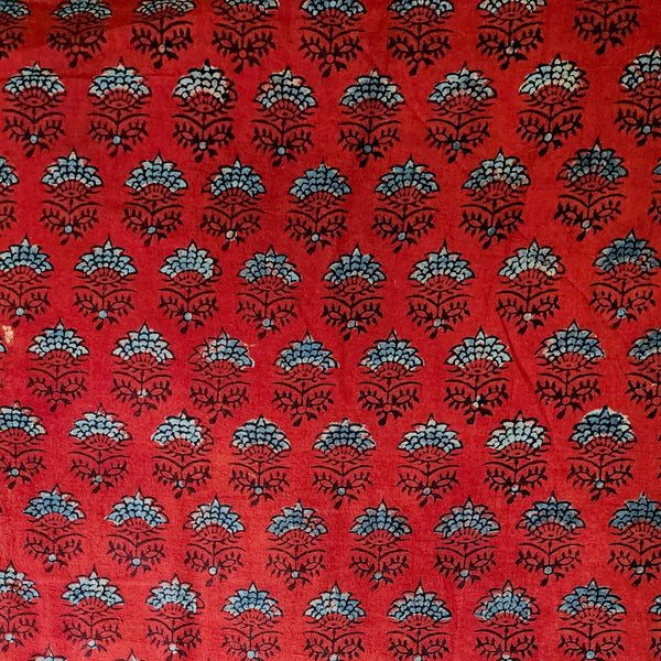 Pure Cotton Double Ajrak Rust With Blue Flower Motif Hand Block Print Fabric
