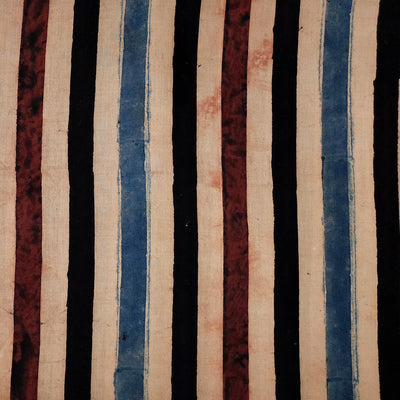 ( Pre-Cut 1 Meter ) Pure Cotton Double Ajrak Shades Of Maroon Blue Black Stripes Hand Block Print Fabric