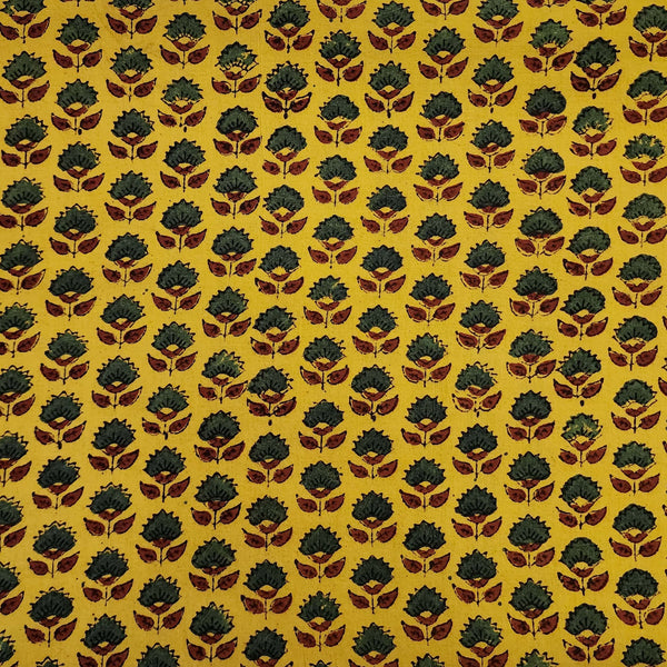 Pre-Cut 1 Meter Pure Cotton Double Ajrak Turmeric Dyed With Single Flower Motif Hand Block Print Fabric