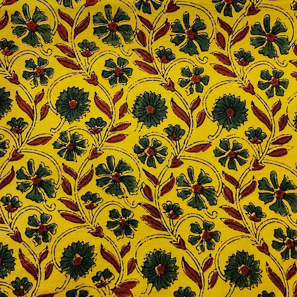 Pure Cotton Double Ajrak Turmeric With Green And Rust Flower Jaal Hand Block Print Fabric