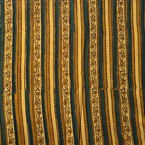 Pure Cotton Double Ajrak Yellow With Green Border Intricate Design Hand Block Print Fabric