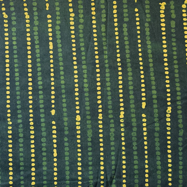 (Pre Cut 1 Meter )Pure Cotton Double Dabu Dark Green With Yellow Dotted Stripes Hand Block Print Fabric
